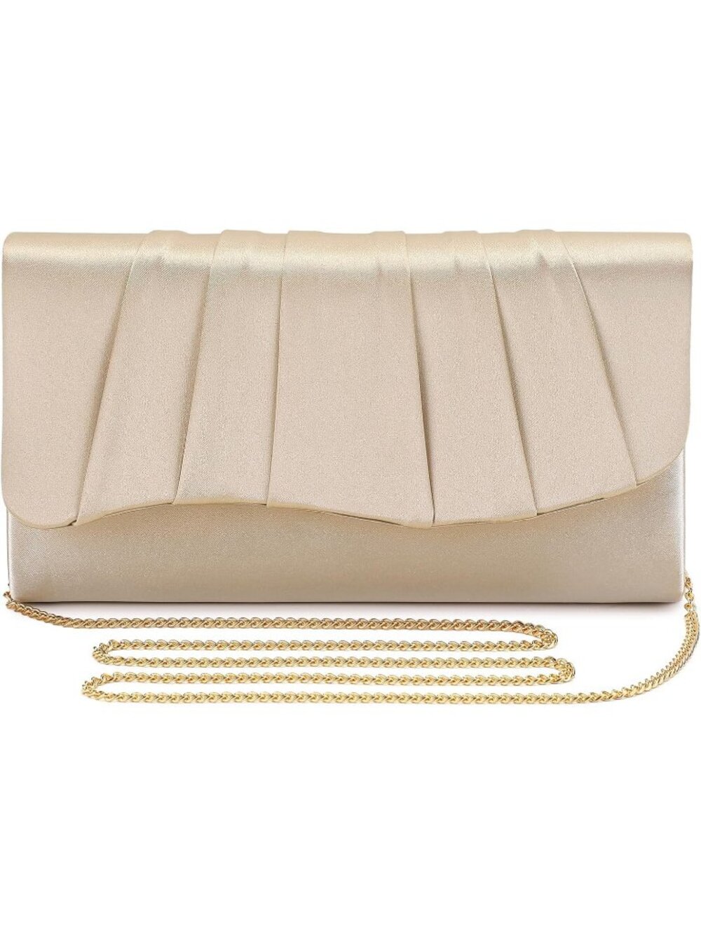 Women's Champagne Gold Satin Evening Clutch Elegant Pleated Formal Party Handbag